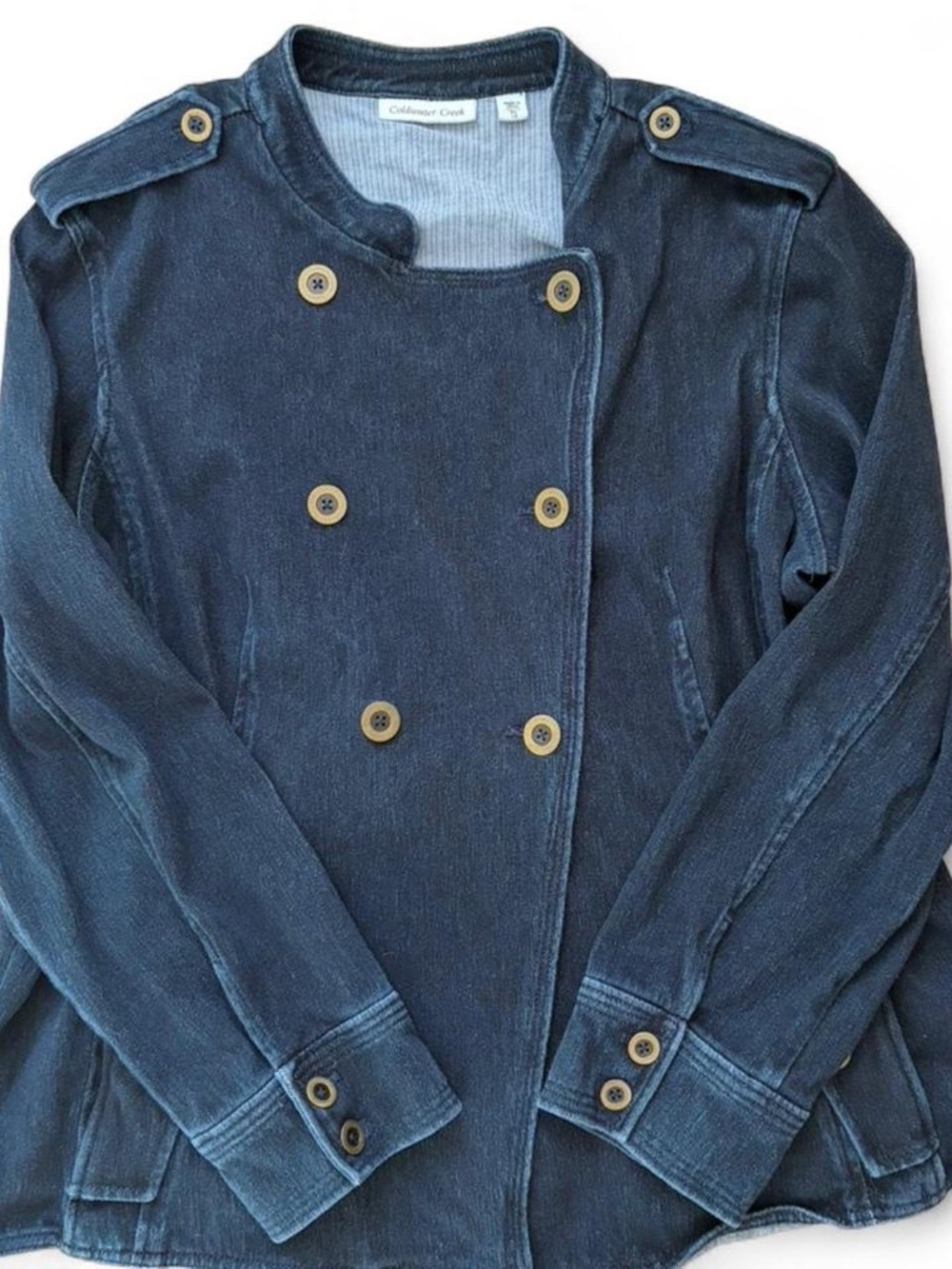 Coldwater Creek navy blue denim jacket with gold buttons